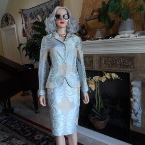 Lee Anderson Couture Aqua Multi Silk Brocade Paisley Print Skirt Suit Size S